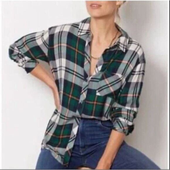 Rails Womens Medium Hunter Forest Navy Stone Plaid Button Up Shirt Long Sleeve - Picture 3 of 12